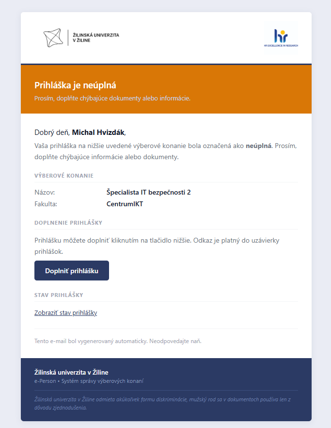 E-mail - prihláška neúplná